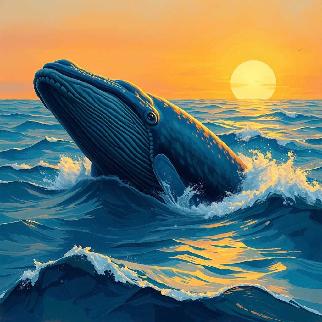 Majestic Whale Rises from Iridescent Ocean in Impressionist ...
