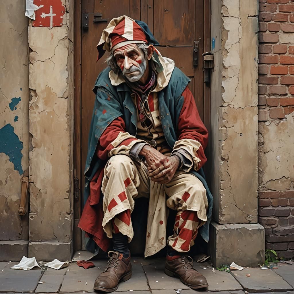 Homeless Jester in Tattered Harlequin Outfit