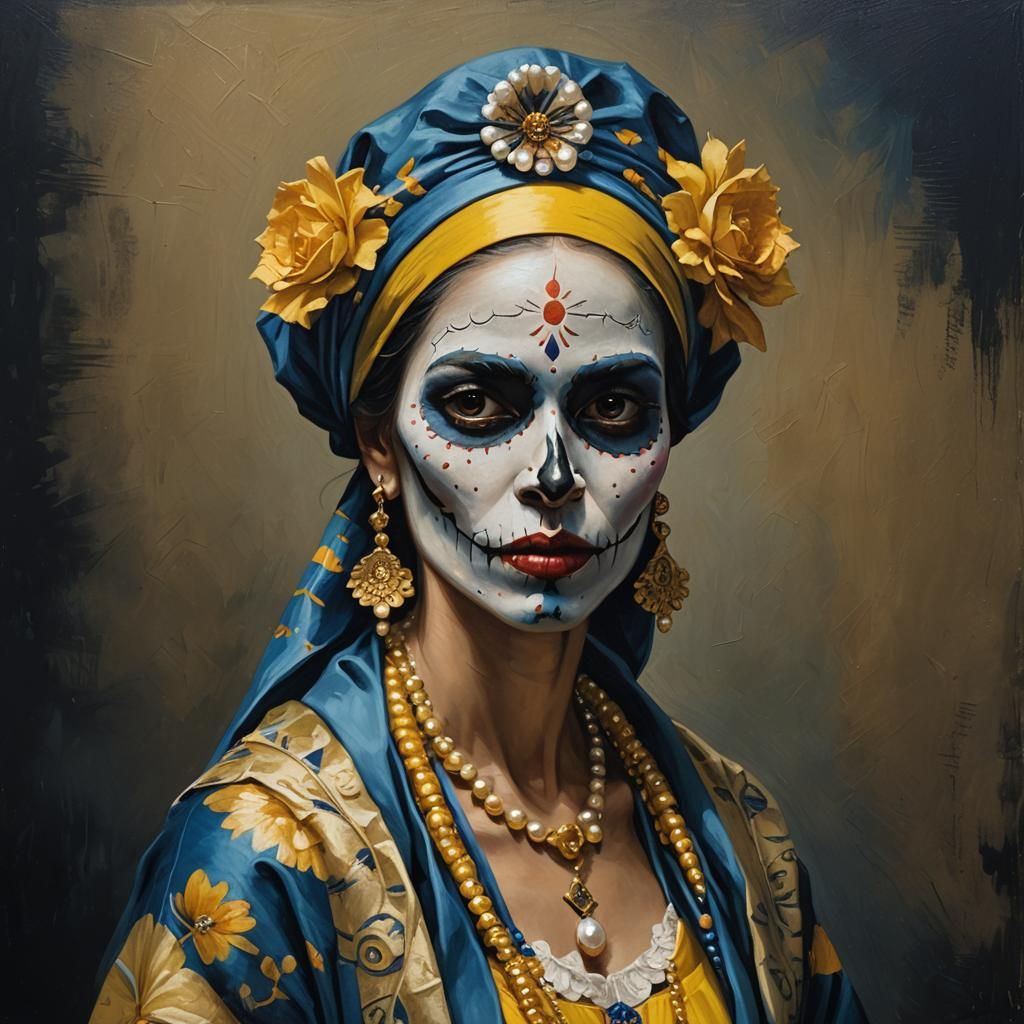 La Catrina with Pearl Earrings, Vermeer Style