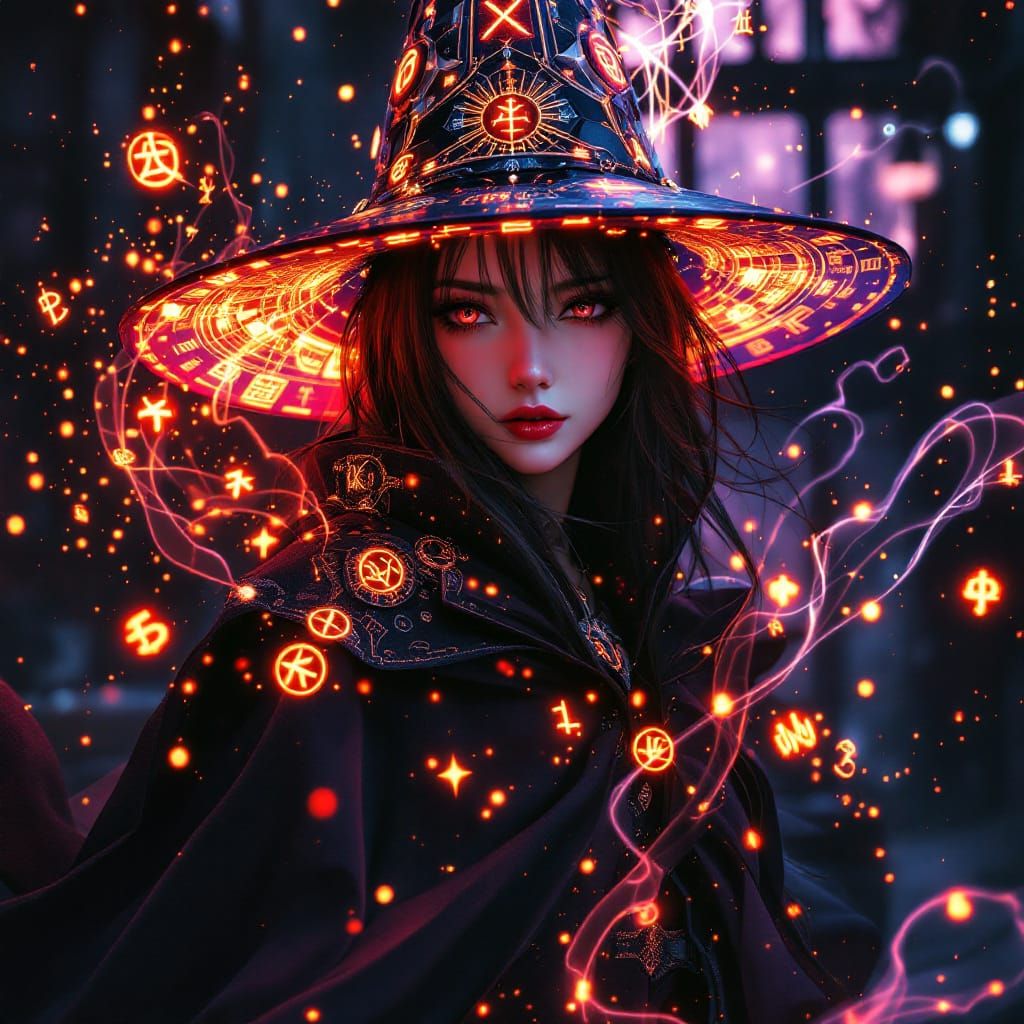Futuristic Cyberpunk Witch Unleashes a Spell