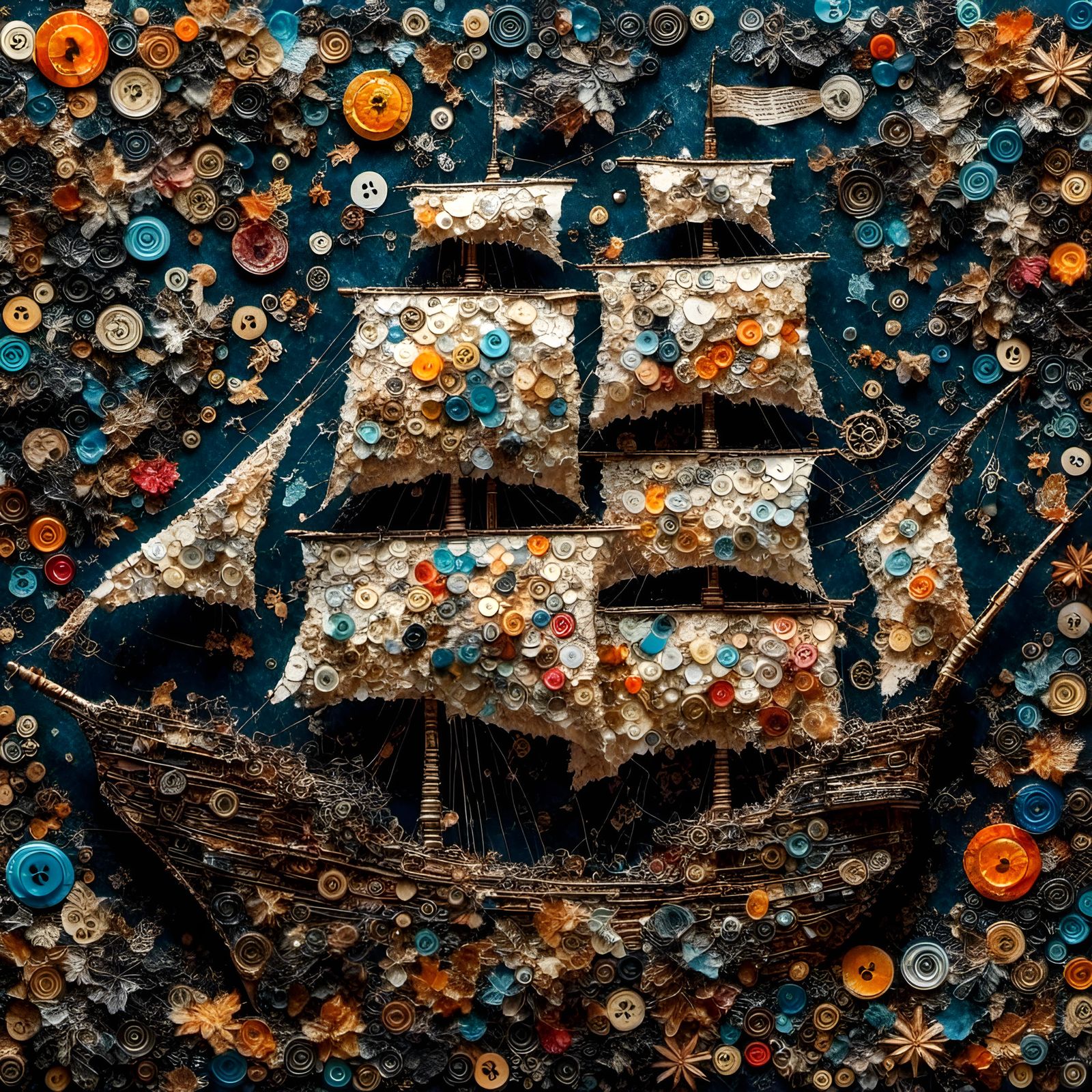 Button Pirate Ship: 3D Collage Sculpture