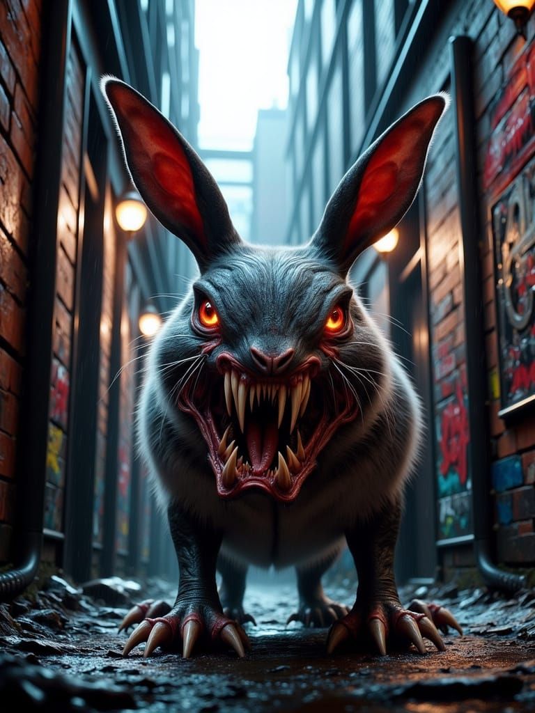 Mutated Rabbit Emerges from Portal in Cyberpunk City