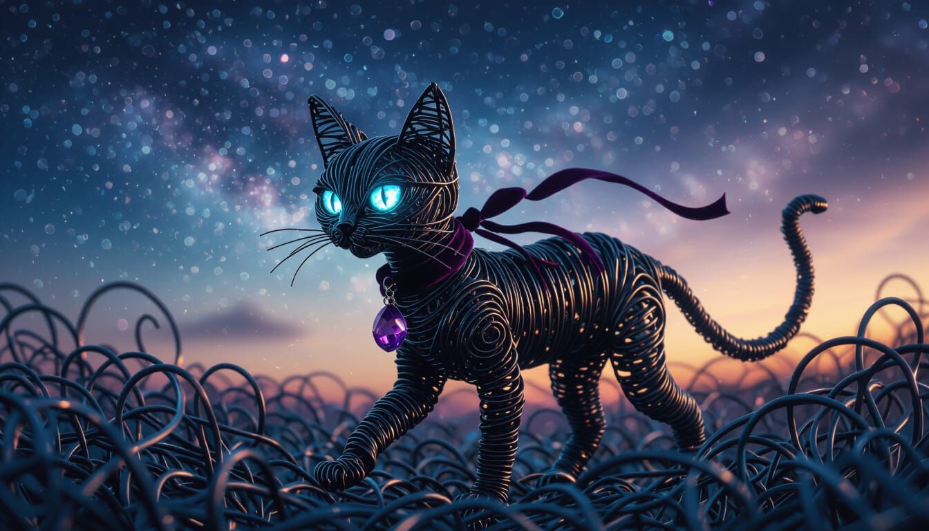 Steel Wire Cat with Amethyst Pendant
