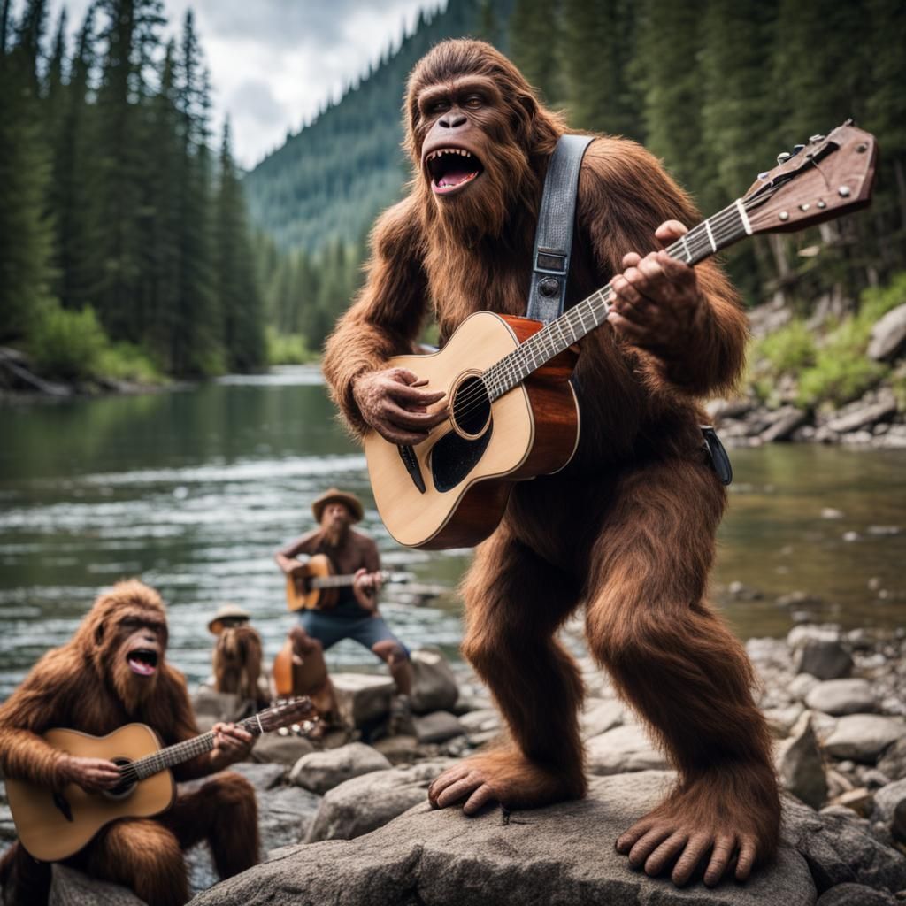 Singing Bigfoot playing in a mountain jug band at the side of a river.