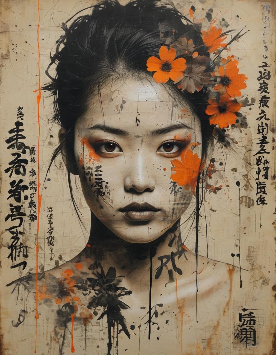 Urban Punk Collage of Asian Woman in Wabi-Sabi Art