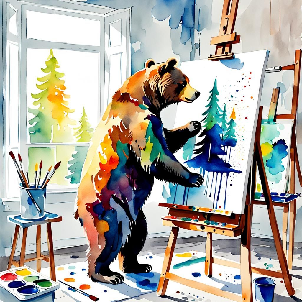 Bear Painting an Abstract Watercolor Art Piece