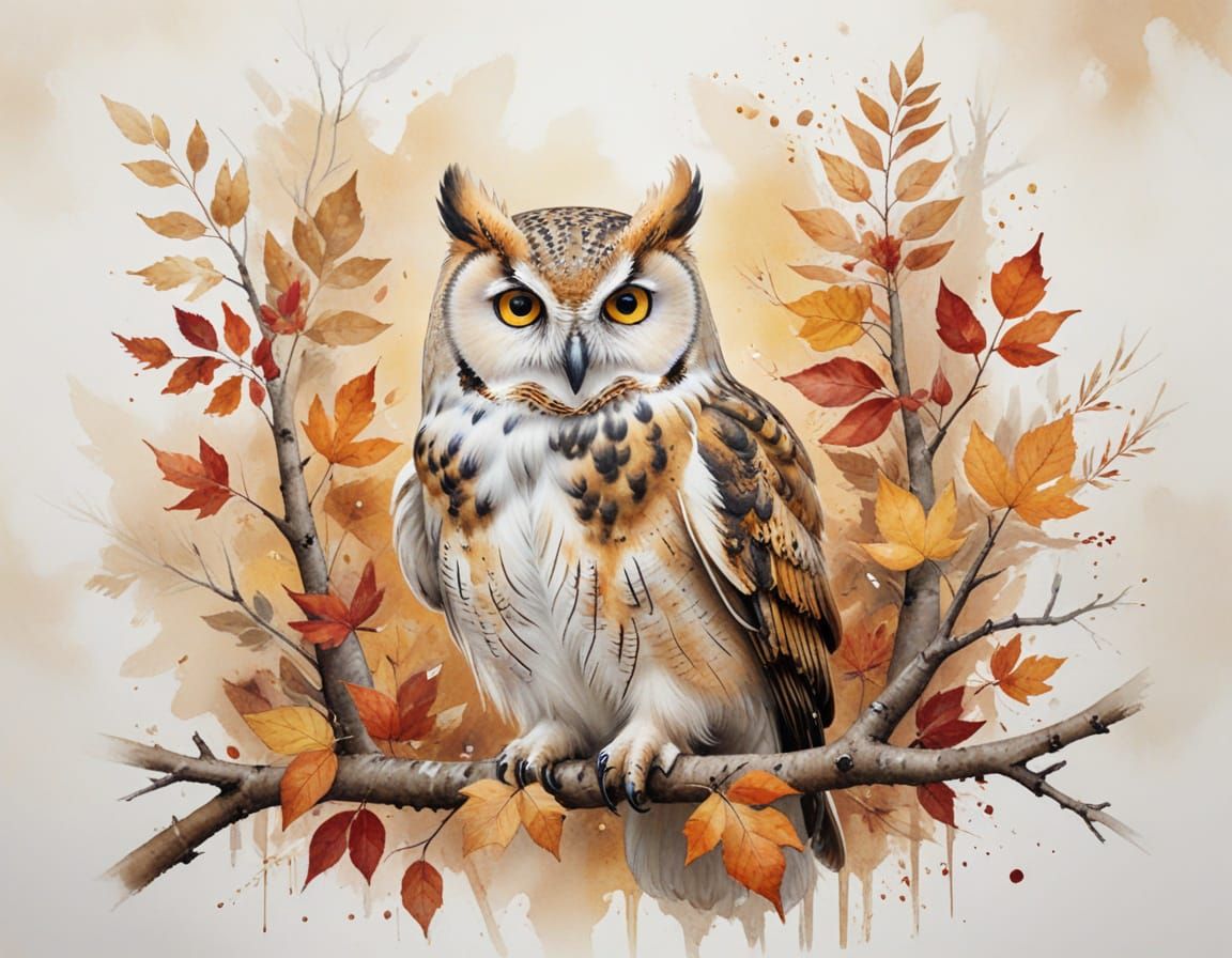 Detailed Owl on Autumn Branch Watercolor Illustration
