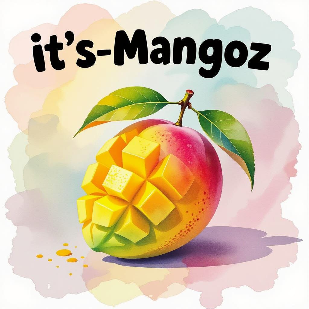 Juicy Mango Watercolor Art with Bubbly Text
