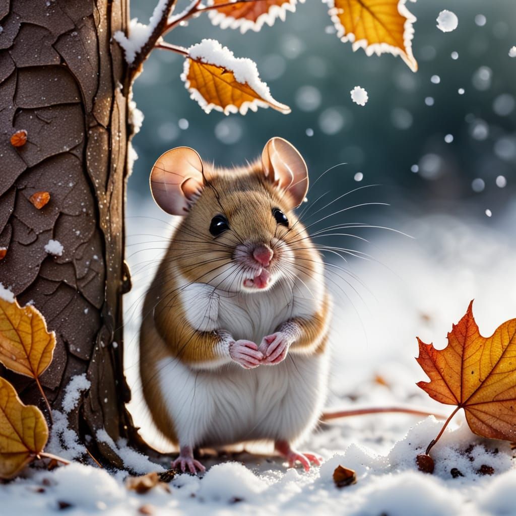 Mouse Sheltering Under Frosty Autumn Leaves in Winter