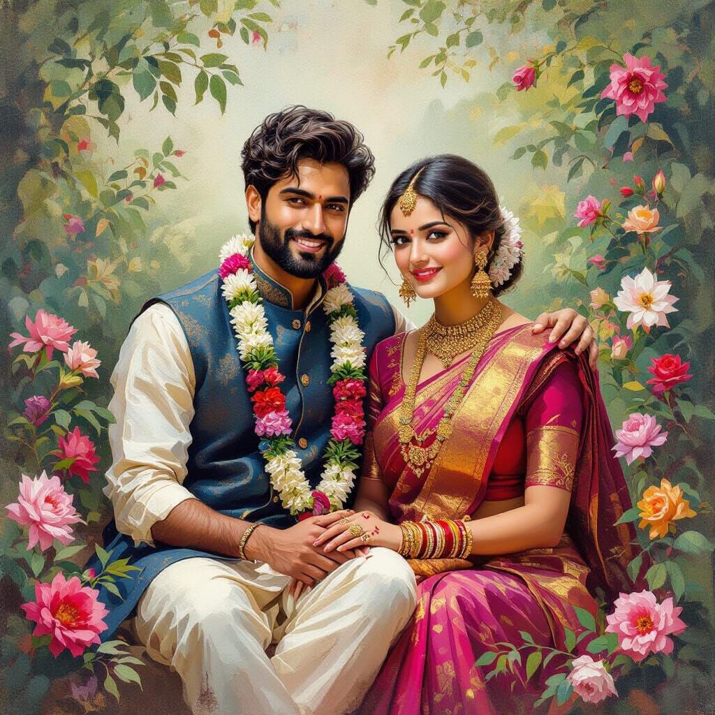 Vibrant Indian Couple in Impressionist Style