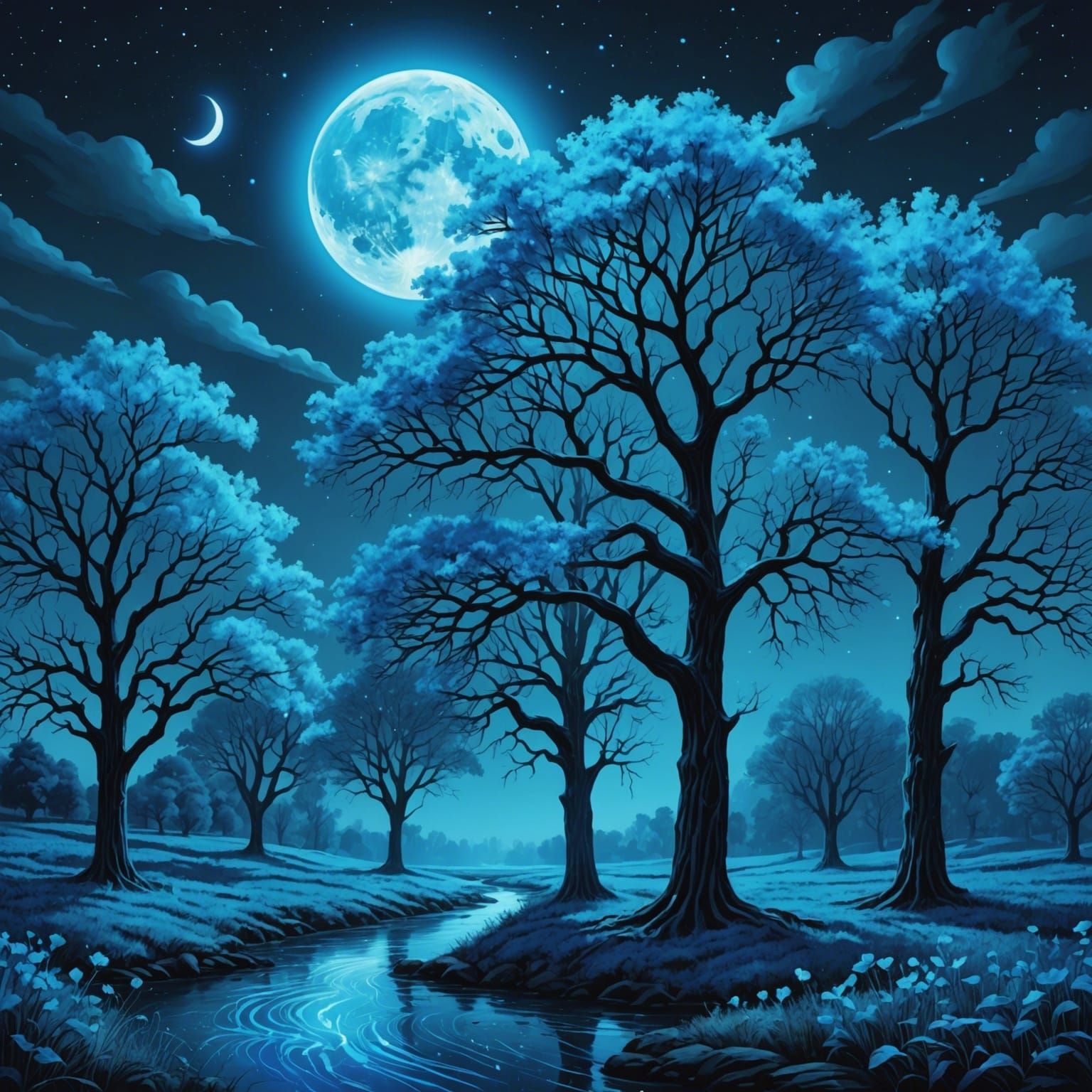 Neon Blue Astral Landscape by Pablo Amaringo