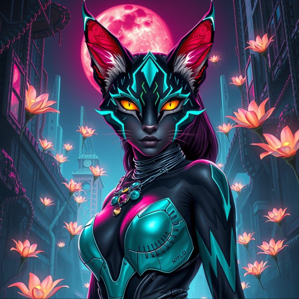 Half-Cat Goddess Ascends in Neon Jungle