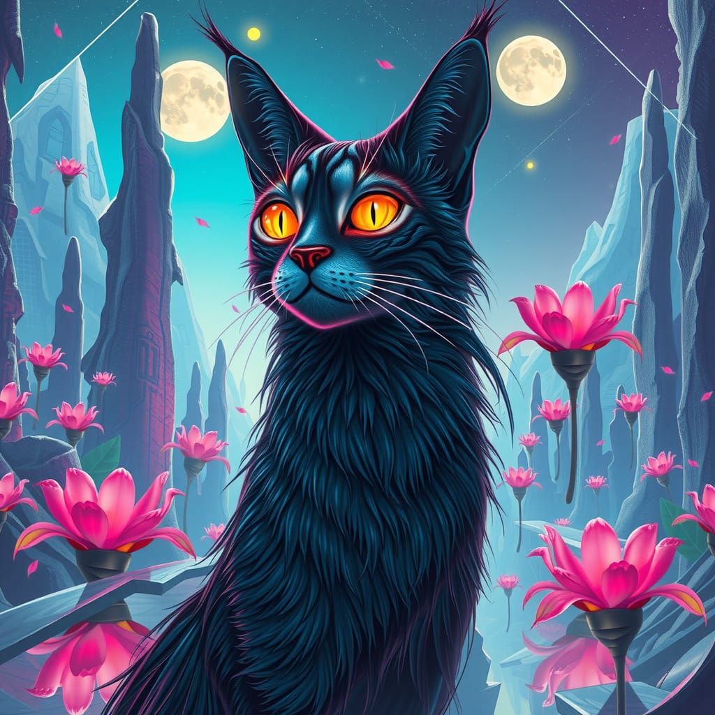 Half-Cat Goddess Ascends in Neon Jungle