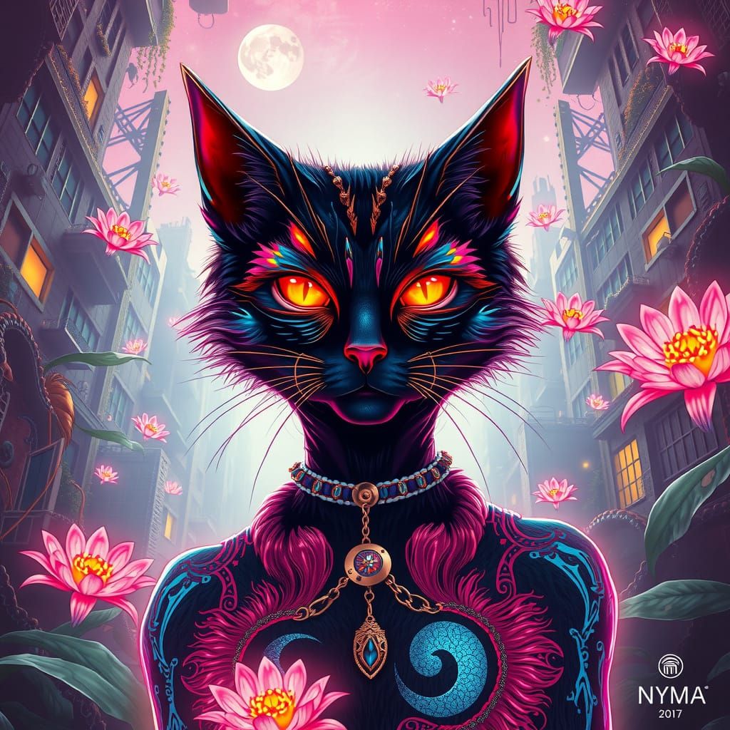 Hypnotic Cat-Woman Ascends in Neon Cyberpunk Jungle