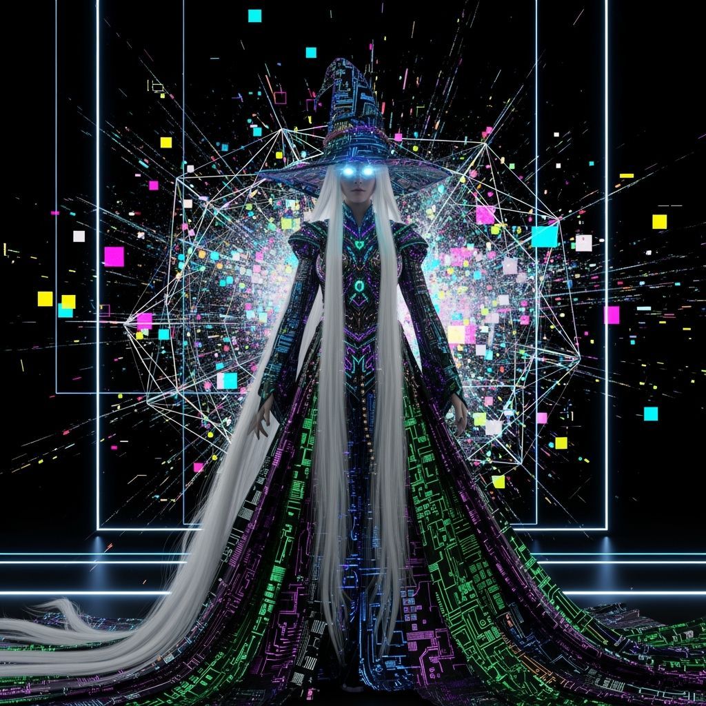 Witch Figure in Glitch Explosion with Fractal Lines