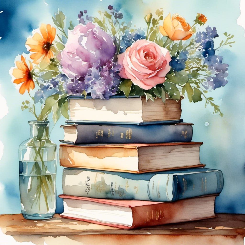 Watercolor Painting of Books and Flowers