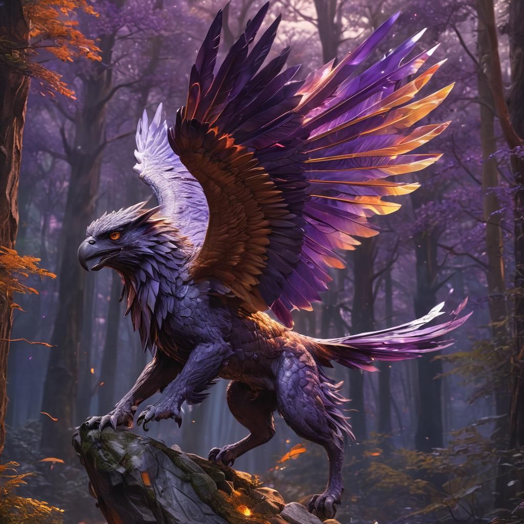 Intricate Crystal Gryphon with purple and orange lightning s...