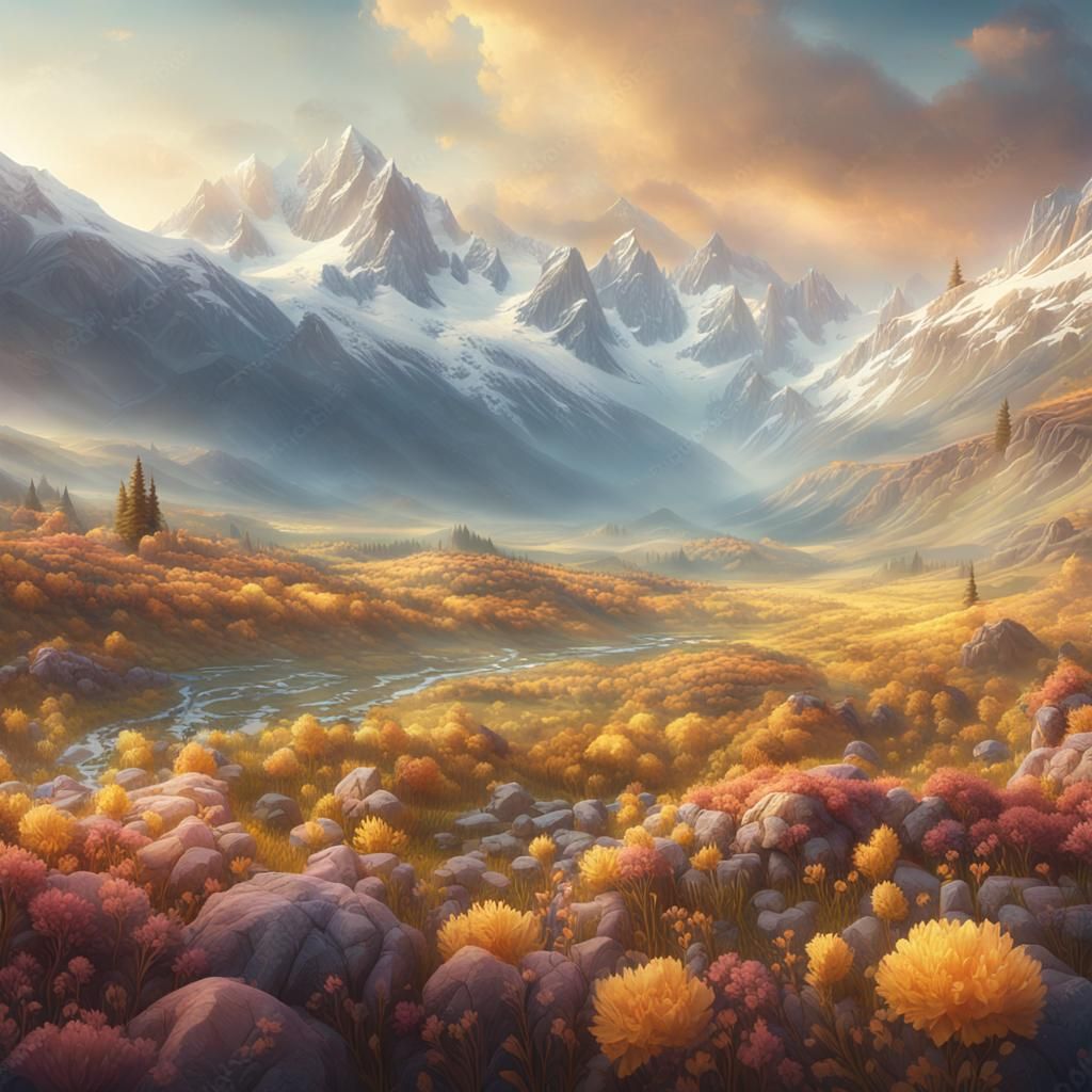 Floral Valley with Snowcapped Mountains: Digital Matte Paint...