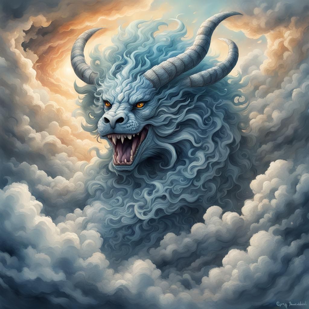 Mythical Creature Emerges from Clouds: Watercolor Art