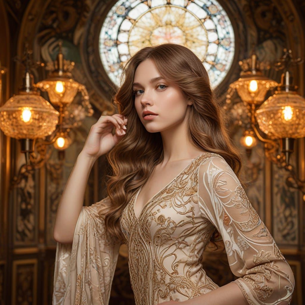 Elegant Art Nouveau Woman in Lavish Organic Setting