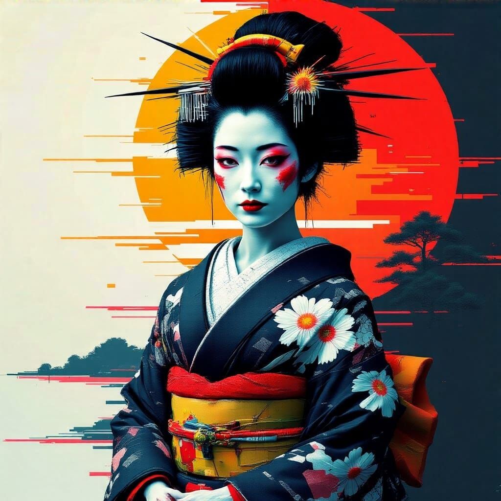 Glitch Art Geisha Illuminated by Rising Sun
