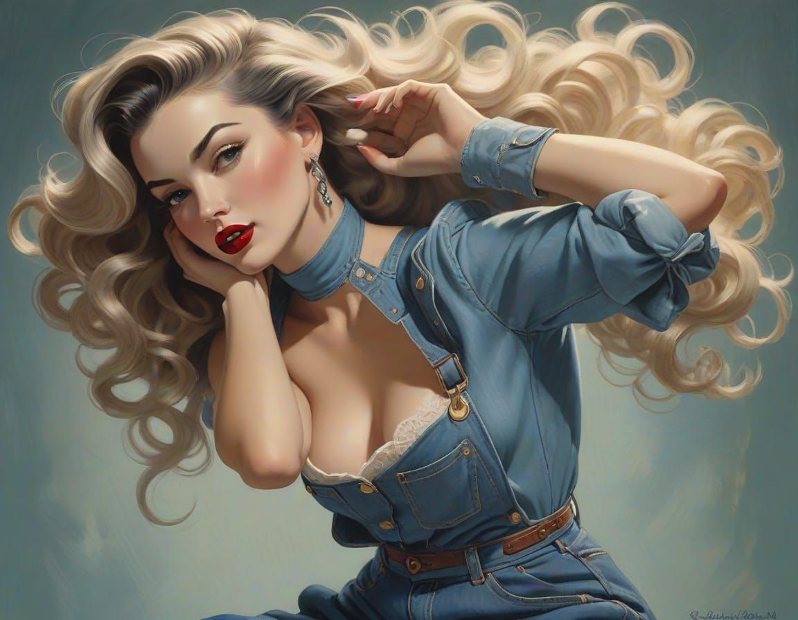 Pin-up Woman with Blue Hair in Overalls, Glamour Style