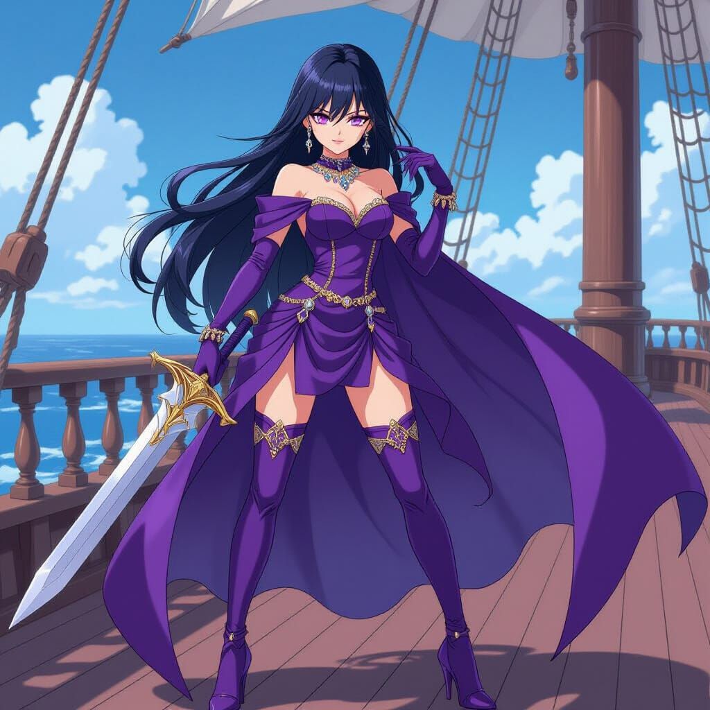Anime Villainess in Purple Dress with Sword on Ship Deck
