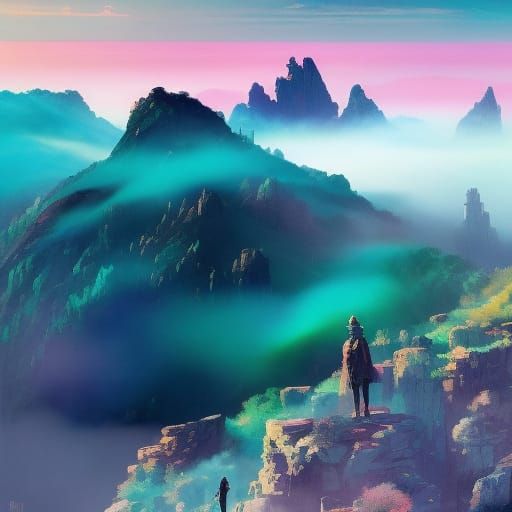 Ethereal Craggy Rocks in Light Green Mist