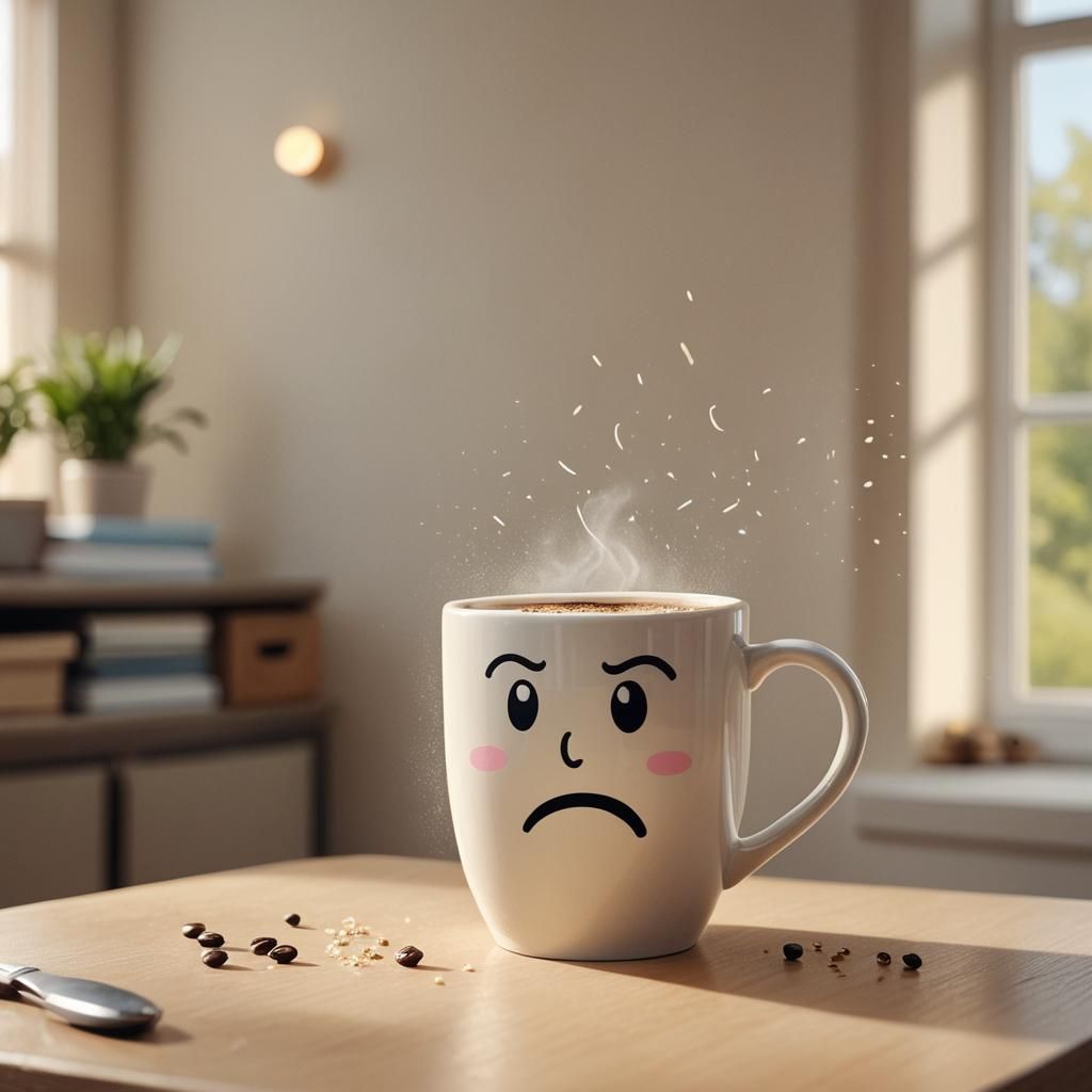 Sad Coffee Mug Telling a Joke: Surreal Illustration