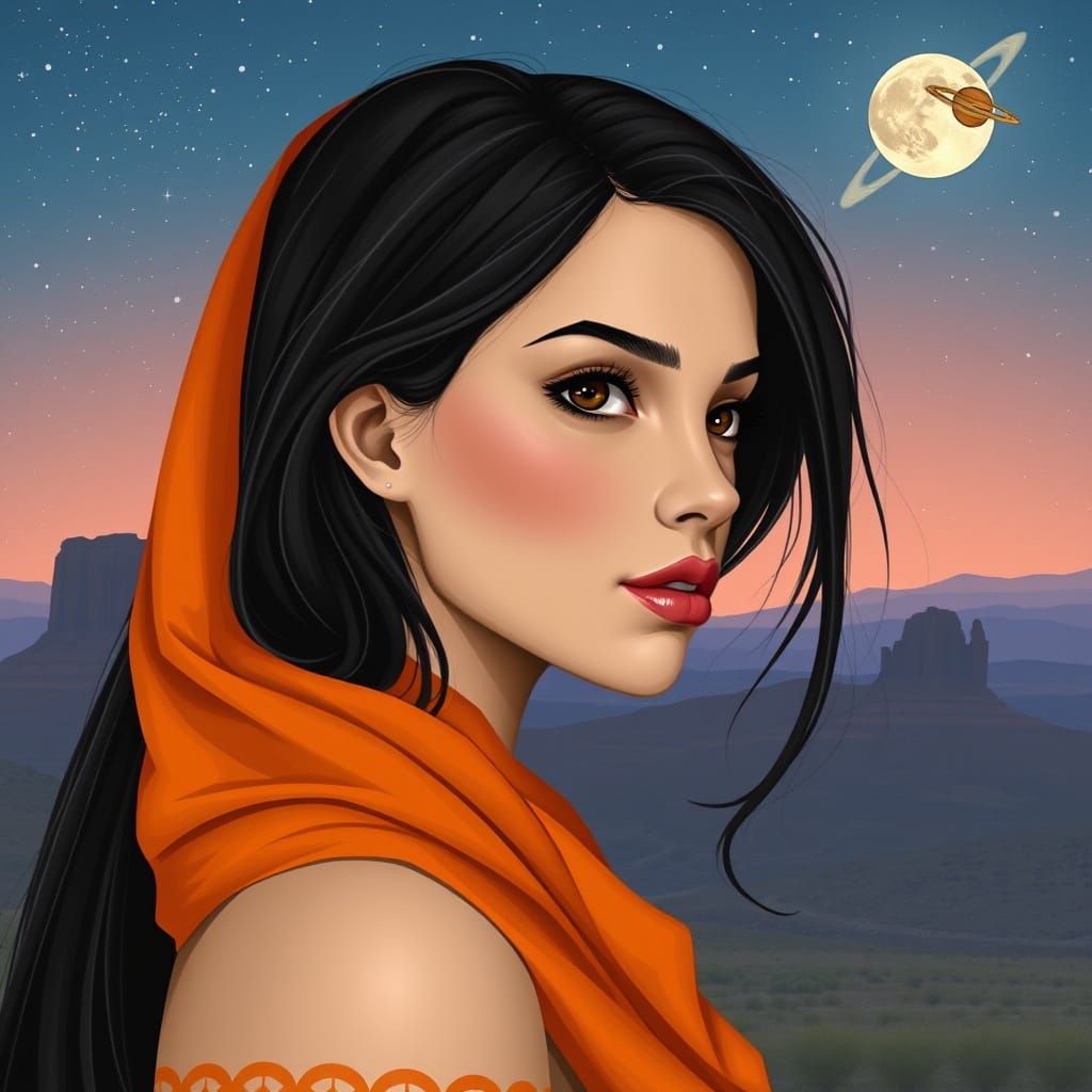 Ethereal Woman in Orange Scarf with Celestial Background