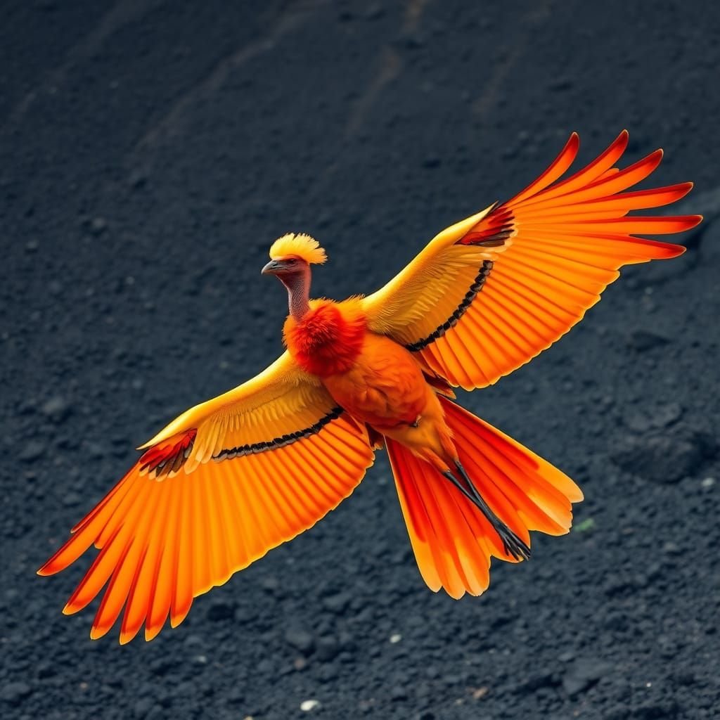 Majestic Fire Bird in Volcanic Landscape