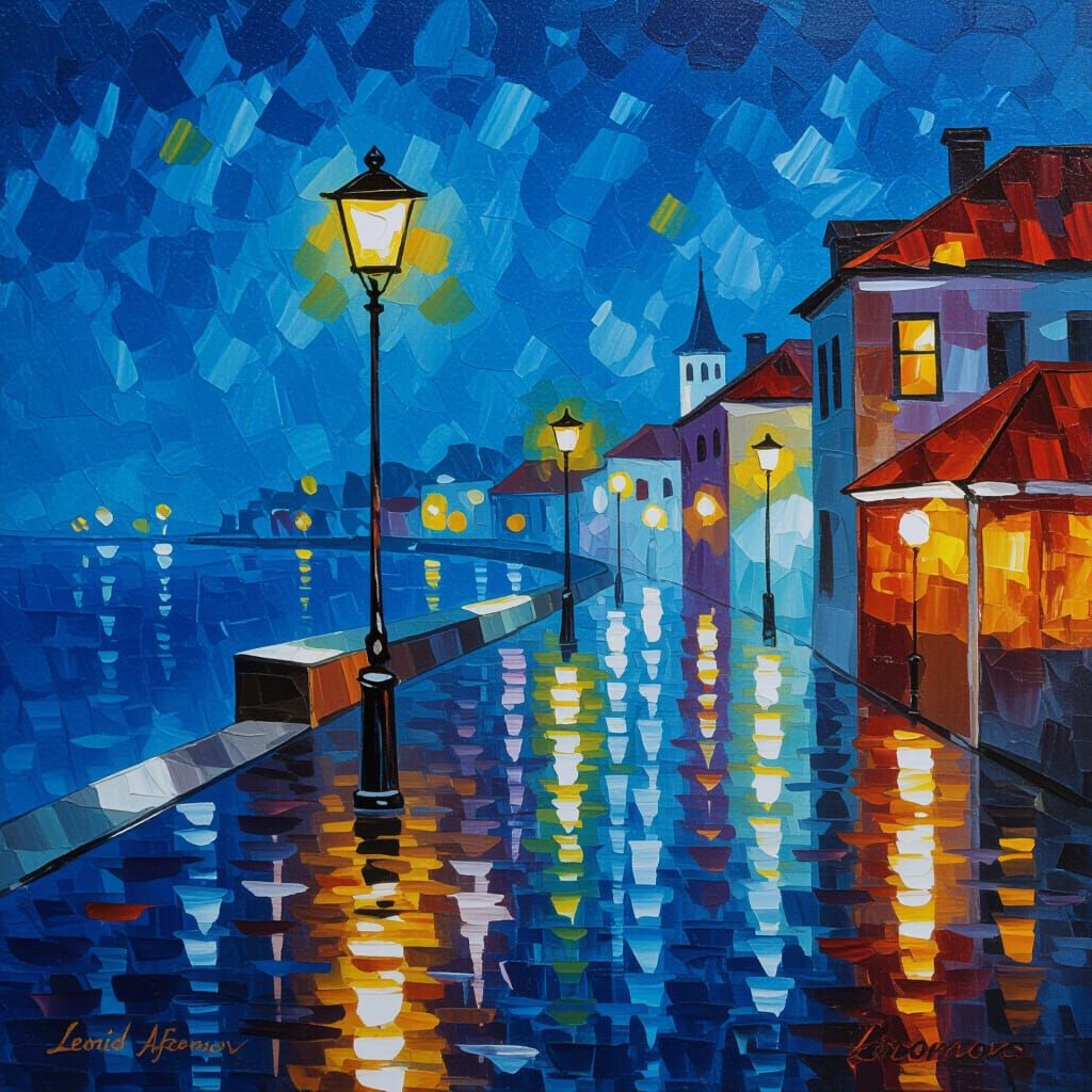 Coastal Town at Night: Streetlamp Reflections on Wet Cobbles...