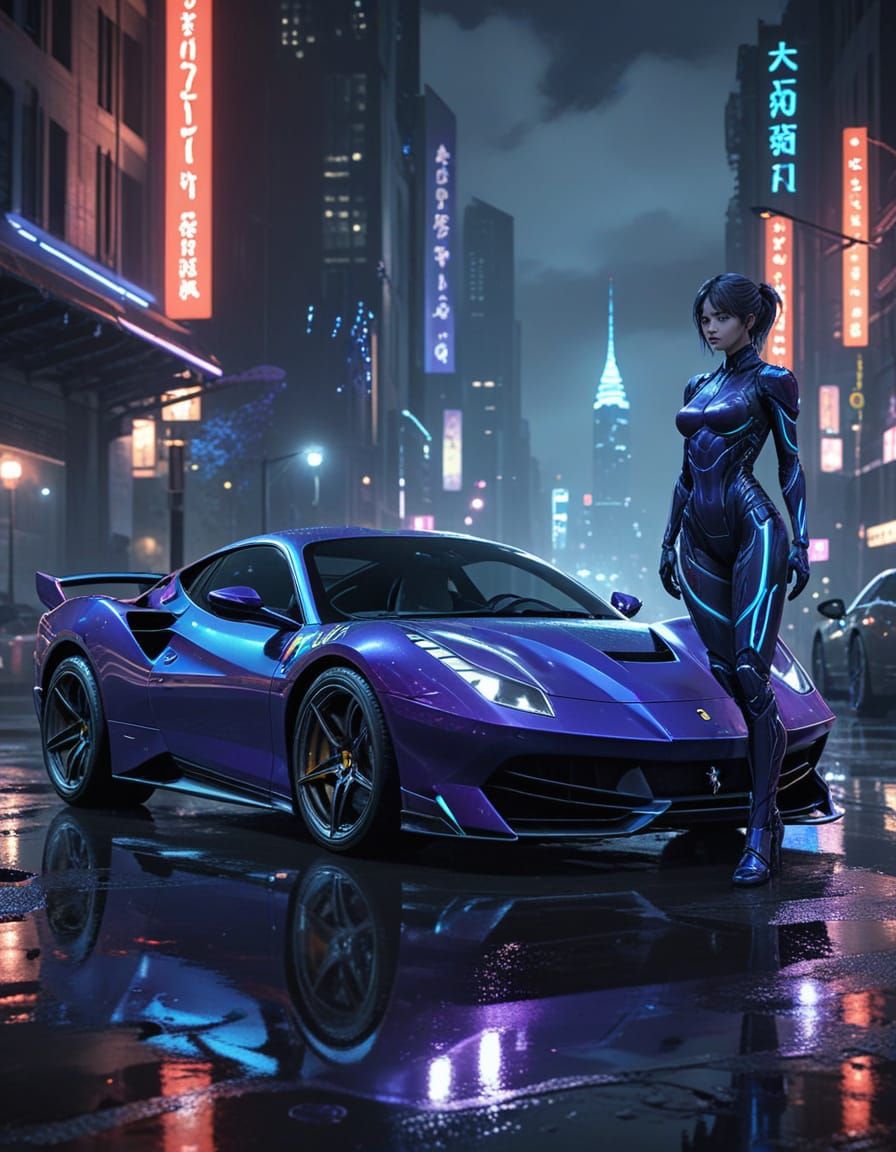 Cortana in Cyberpunk Gotham City with Ferrari