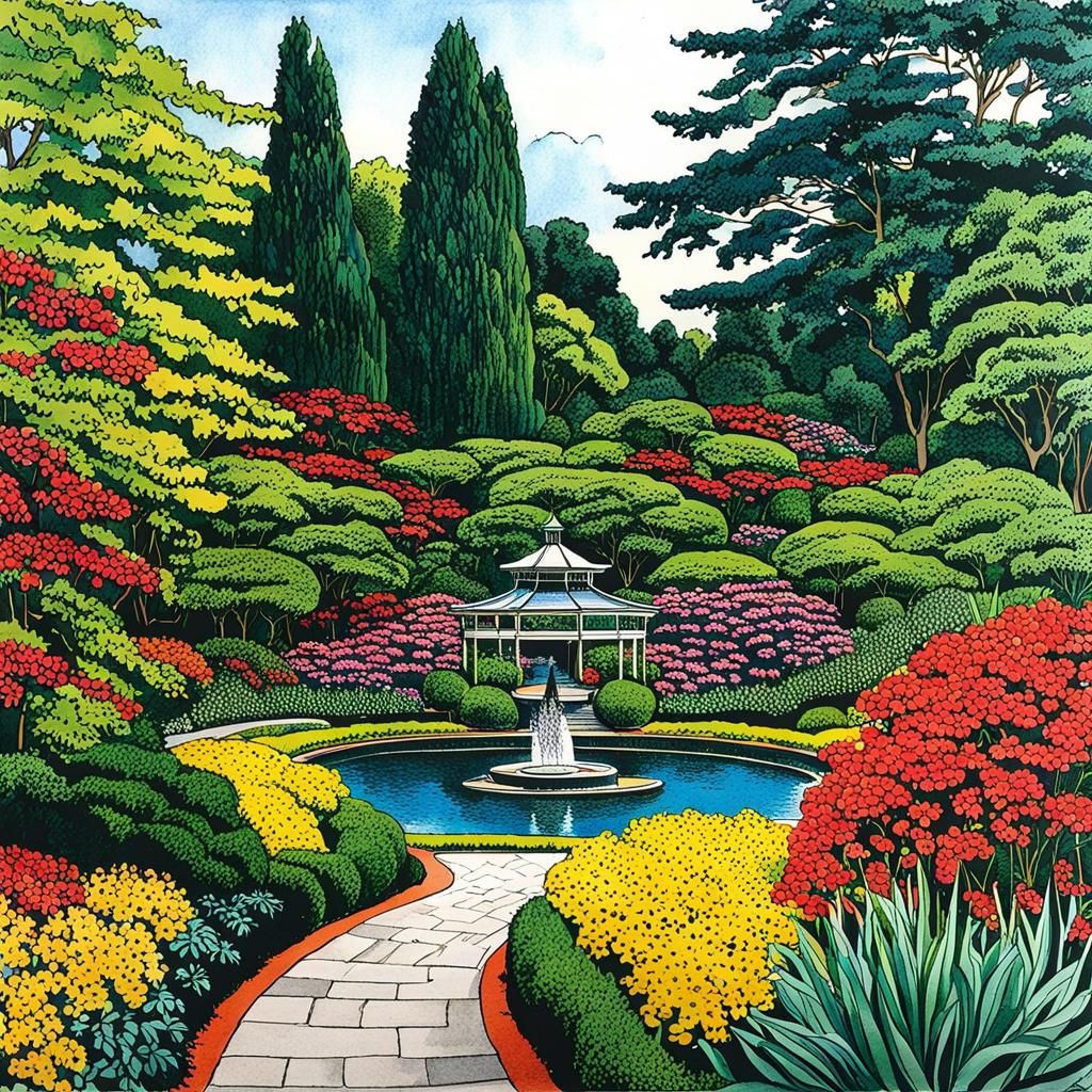 Butchart Gardens: Color Ink and Pen Drawing