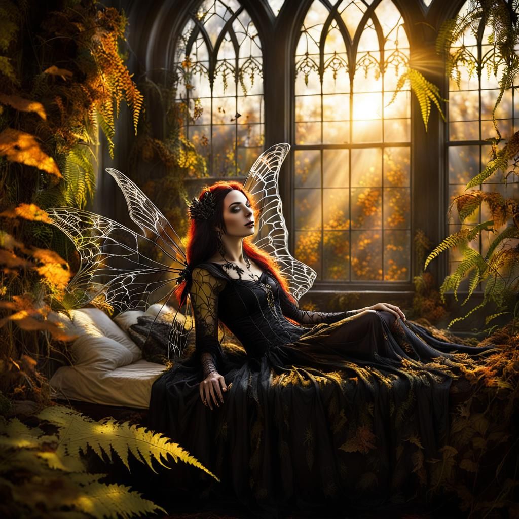 Gothic Fairy Awakening at Dawn in Enchanted Meadow