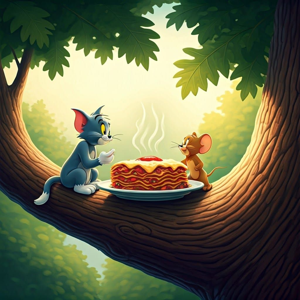 "Tom and Jerry eating lasagna in a giant oak tree"