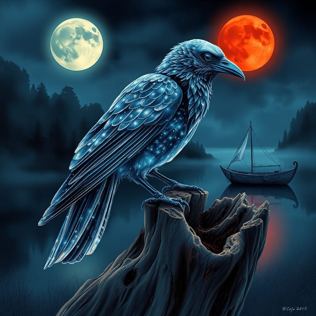 Bioluminescent Crystal Raven Watercolor Under Blood Moon