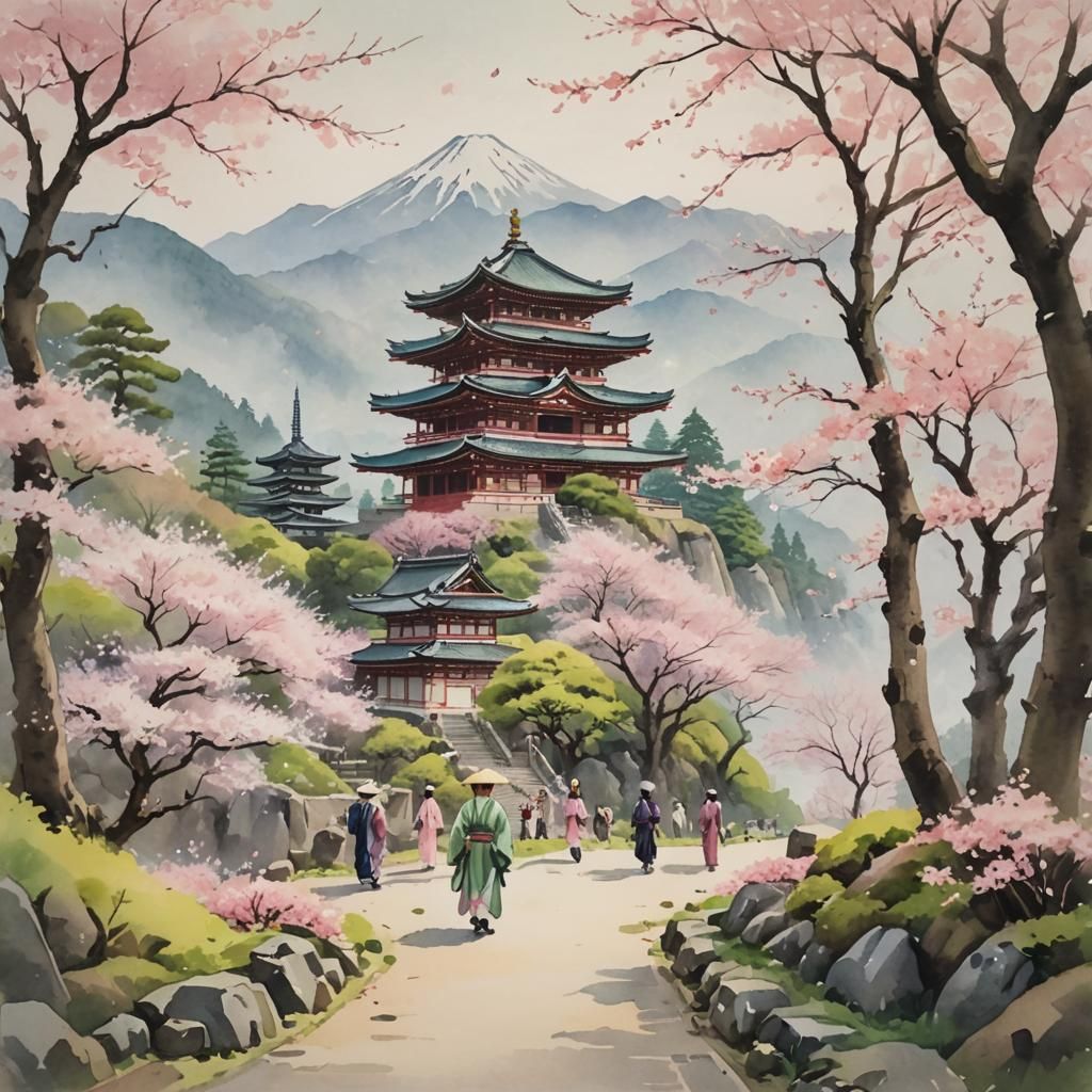 A tranquil temple scene with pagodas nestled in lush mountai...