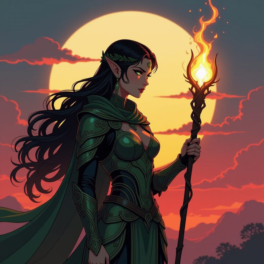 Elven Warrior Silhouette in Art Nouveau Anime Style