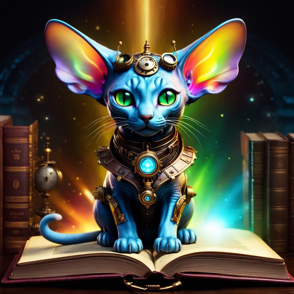 Steampunk Rainbow Sphynx Cat in Cosmic Library
