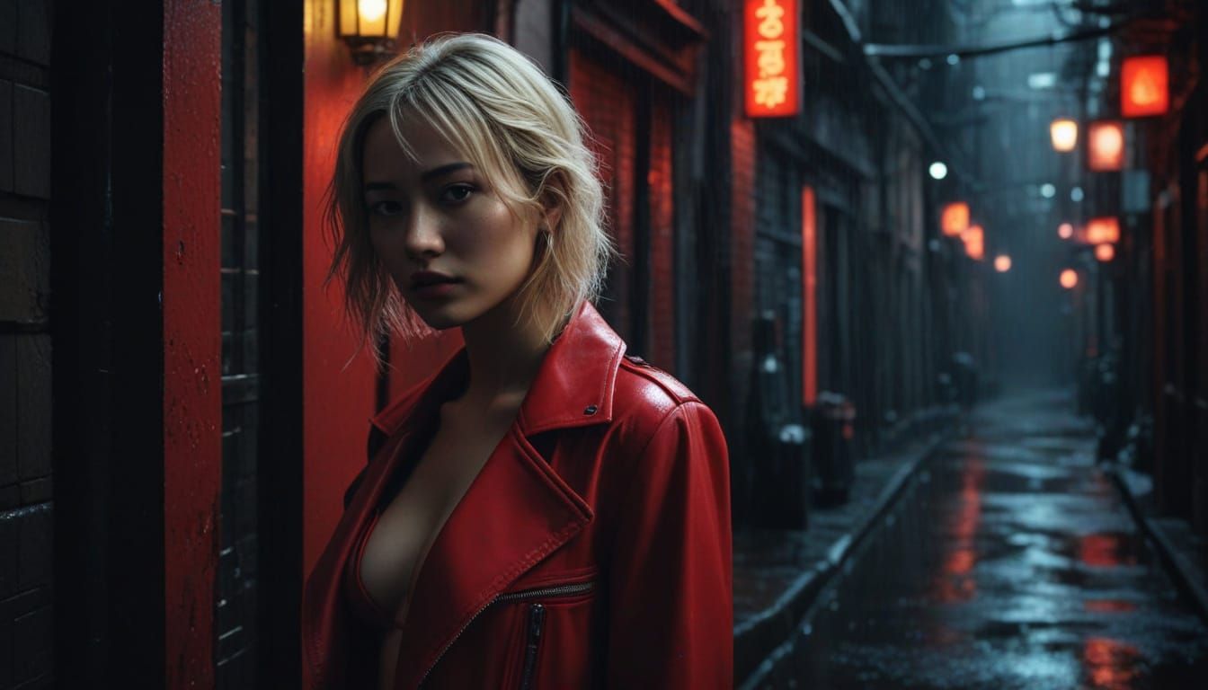 Blonde Woman in Red: Cinematic Street Photography