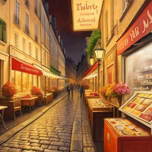 Parisian Cobblestone Street at Night in Watercolour