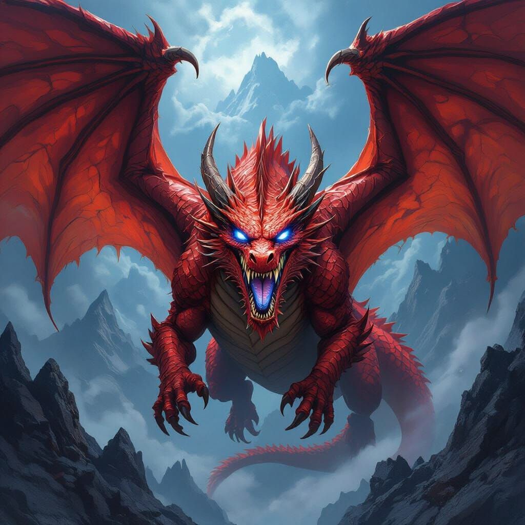 Fearsome Red Dragon With Four Wings and Blue Eyes