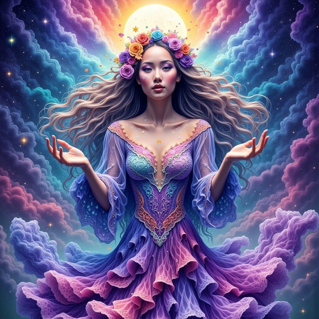 Ethereal Moon Maiden Conjures Harmony Amidst Vibrant Rainbow