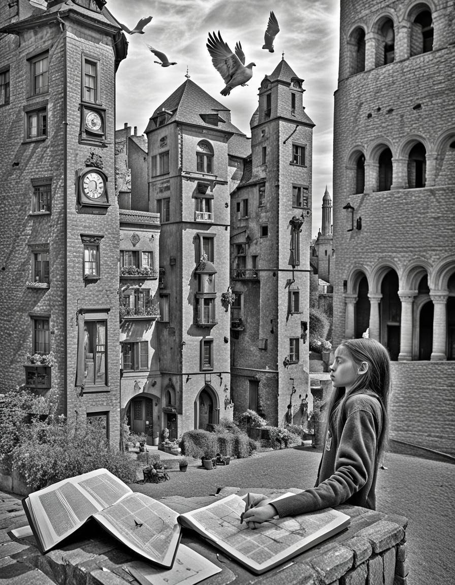Starving Poet in City with Pigeon, Photorealistic
