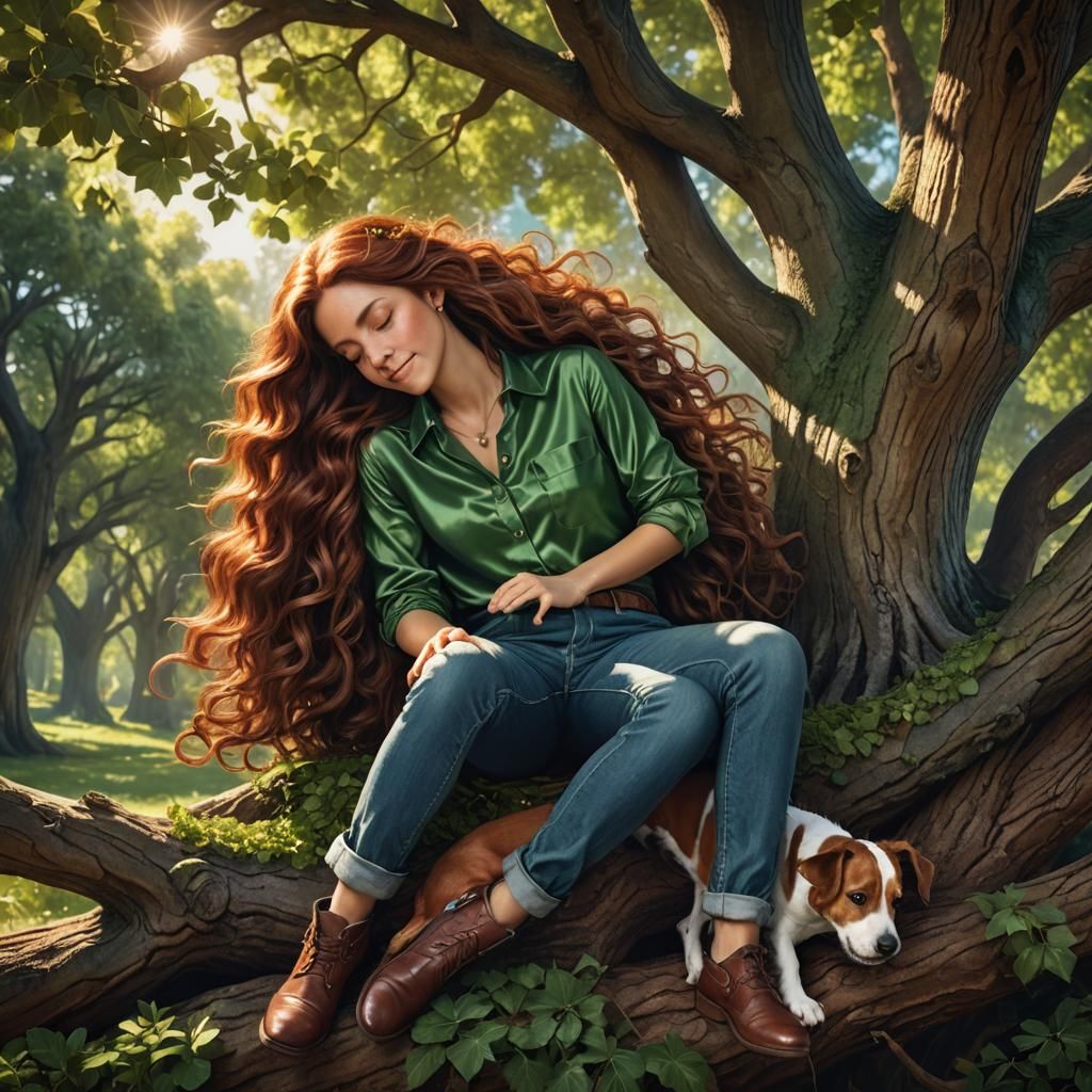 Woman with Mahogany Hair Sleeping on Oak Tree