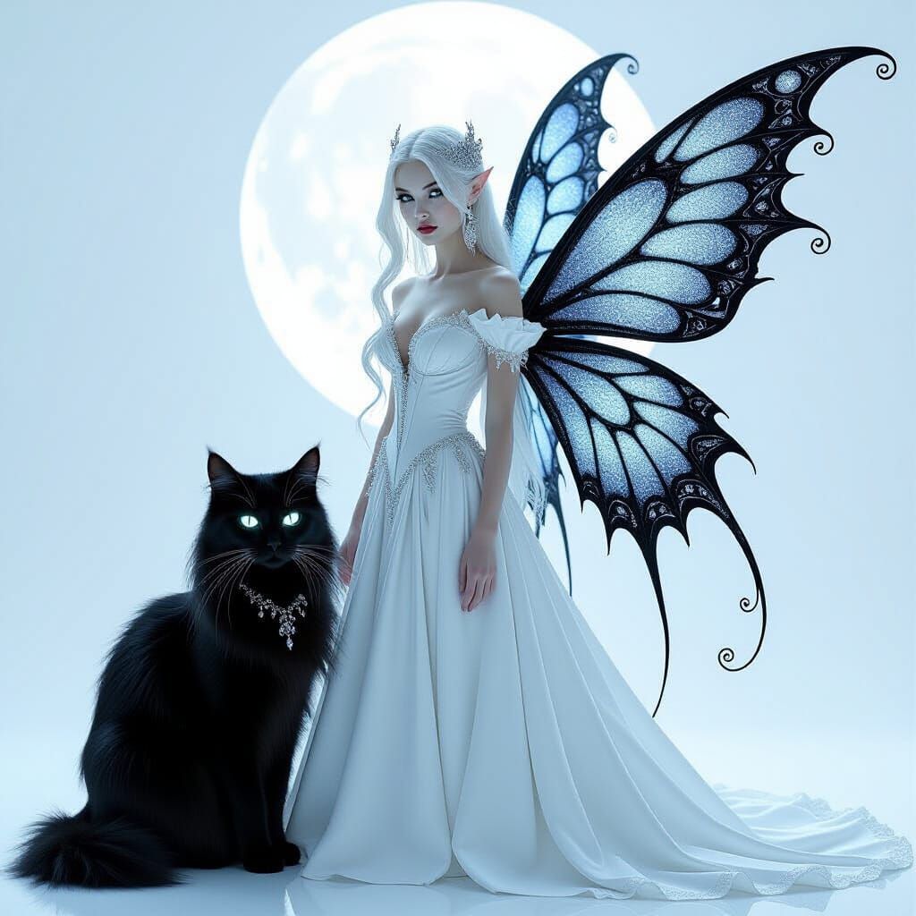 Gothic Fairy with Black Cat in Dark Whimsy Style