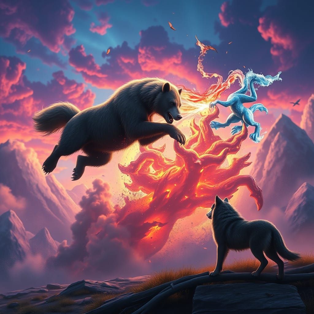 Majestic Bear and Horse Clash in Mid-Air, Surrounded by Fire...