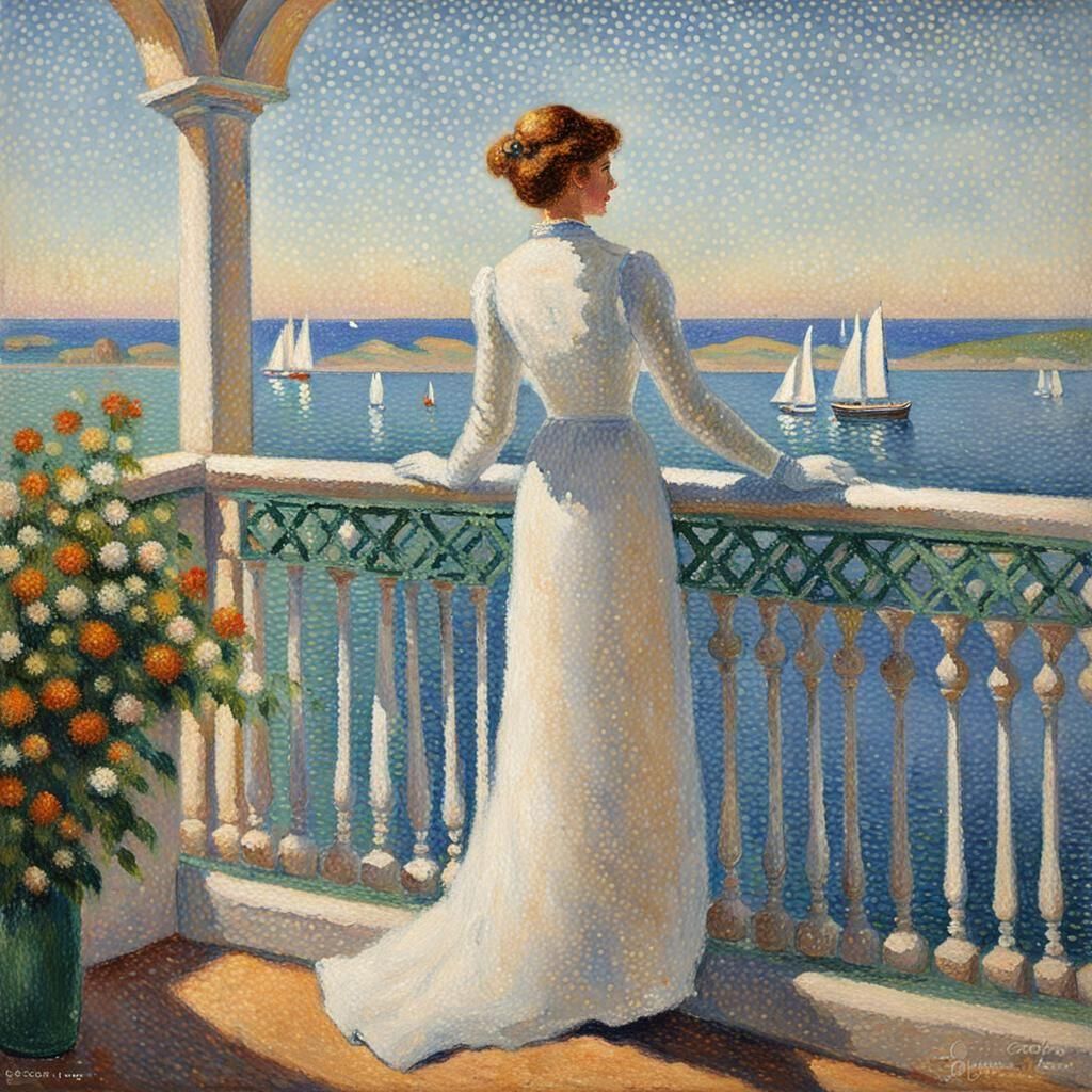 Woman Overlooking Ocean in Pointillism Style
