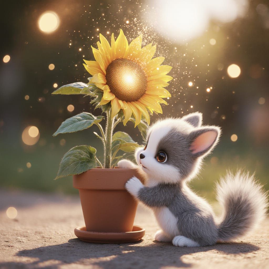 Cute Creature Tends Glowing Sunflower in 3D Anime Style